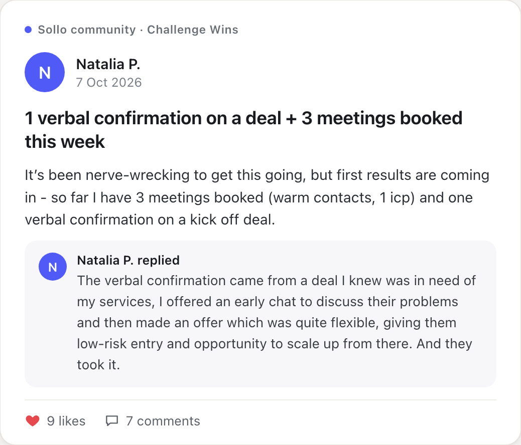 Natalia P., 7 Oct: one verbal confirmation on a deal and three meetings booked this week